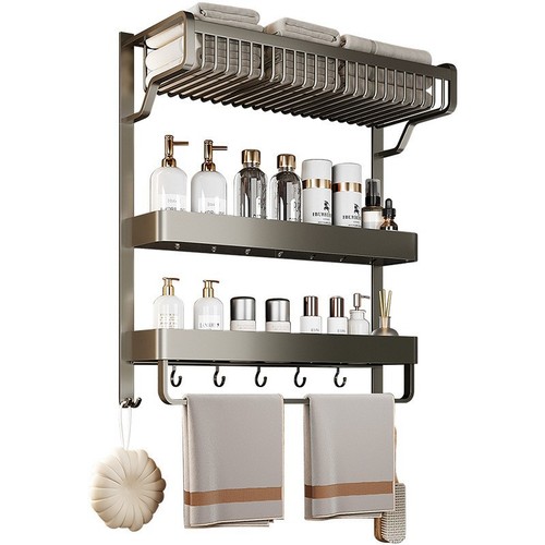 Integrated No-Drill Bathroom Shelf Set, Wall-Mounted Towel Rack and Storage Unit, Space Aluminum, for Toilet and Bathroom