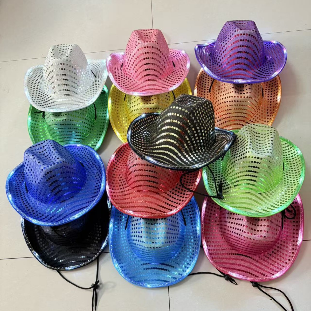 Cross-Border Popular Sequin Sequin Luminous Hat Halloween Performance Luminous Hat Jazz Hat with Light Colorful Cowboy Hat