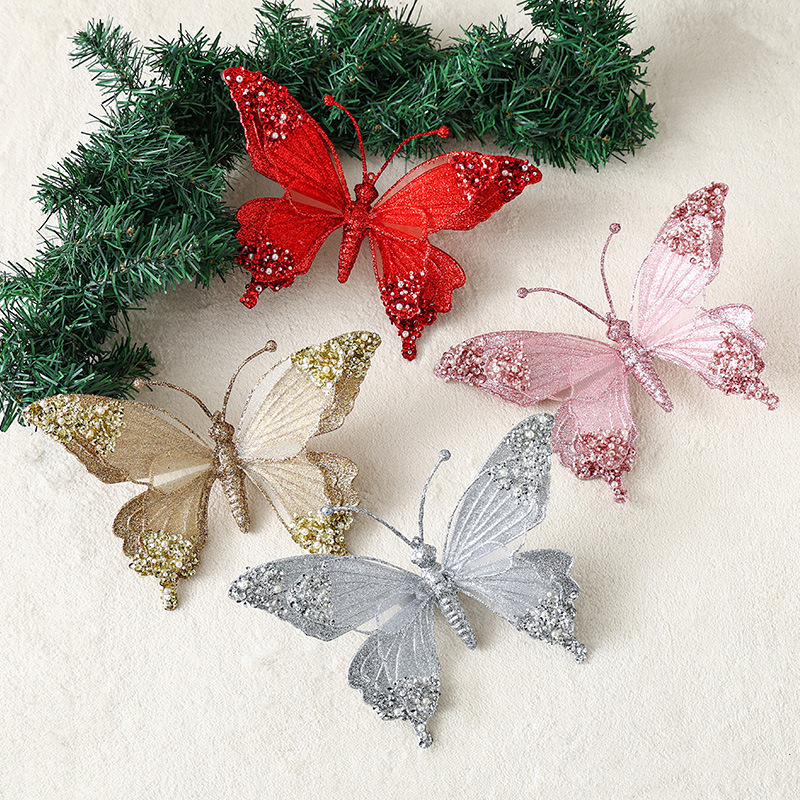 Cross-border Christmas decoration pendant Christmas tree hanging ornaments mesh glitter with diamond belt clip butterfly holiday party arrangement