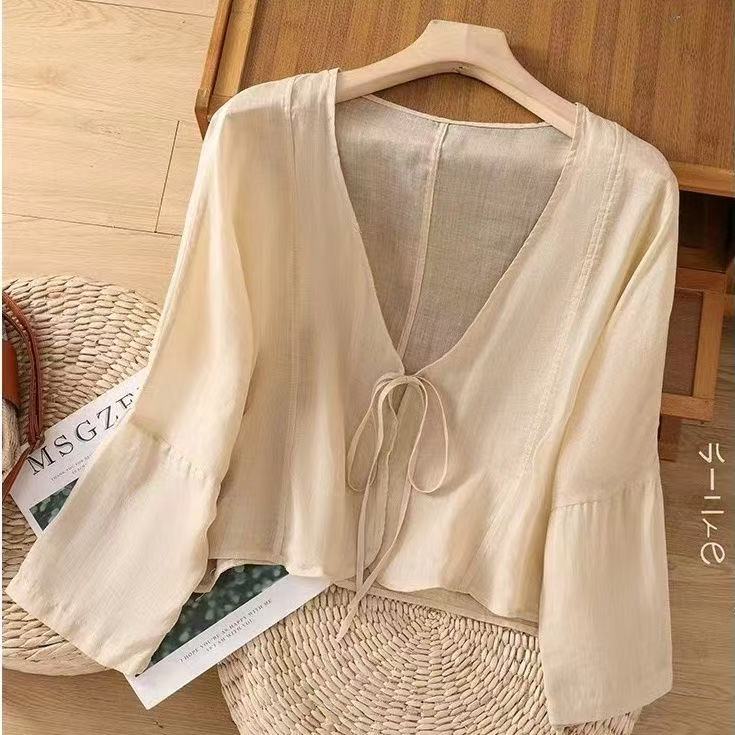 Chinese Style Cotton and Linen Sun Protection Shirt Cardigan Loose Pure Color Literary Summer Thin Lace-Up Short Outwear Casual Top Chinese Style Cotton and Linen Sun Protection Shirt Cardigan Loose Pure Color Literary Summer Thin Lace-Up Short Outwear Casual Top
