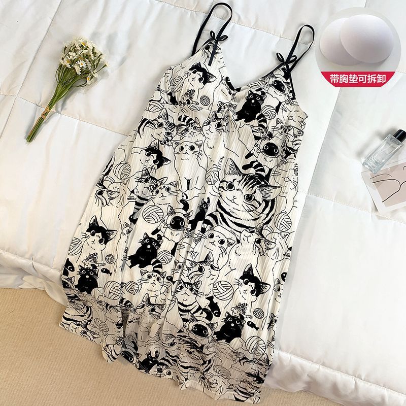 Pijamas transfronterizos mujer verano imitación algodón arrugado tela 150g con almohadilla para el pecho desmontable casual dulce y lindo vestido de longitud media