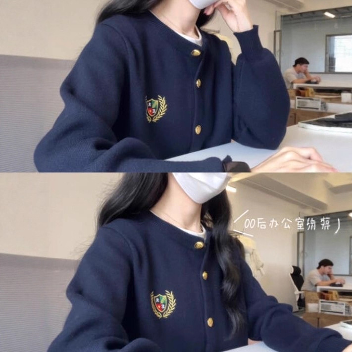 韩系小众别致纯色开衫金属扣内搭圆领保暖针织衫刺绣毛衣小外套女