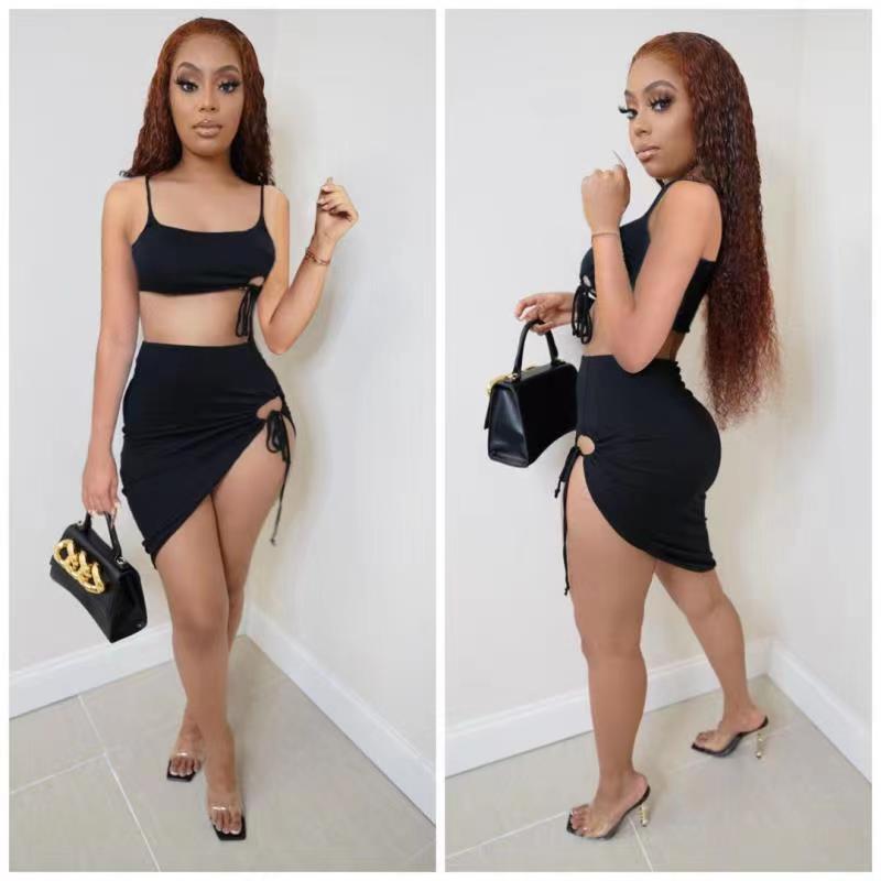 Sexy Sling One-shoulder Irregular Short Skirt Two-piece Set NSMNS59201