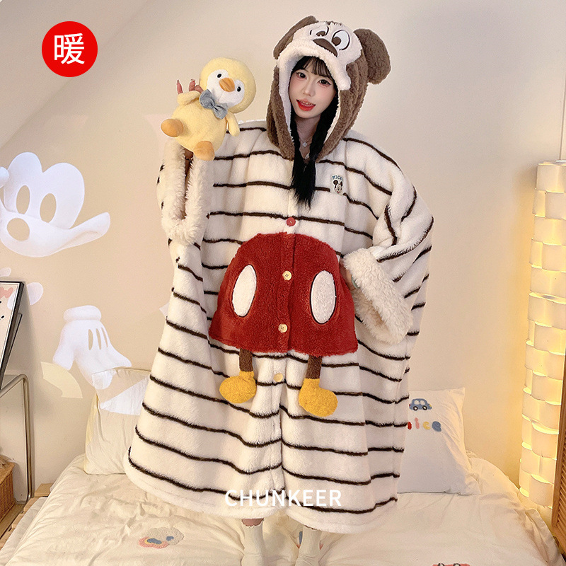 Thermal Storage Autumn and Winter Nightgown, Warm Plush, Cute Cardigan, Hooded Nightgown, Women's Home Clothes, Can Be Worn Outside, Large Size Dressing Gown