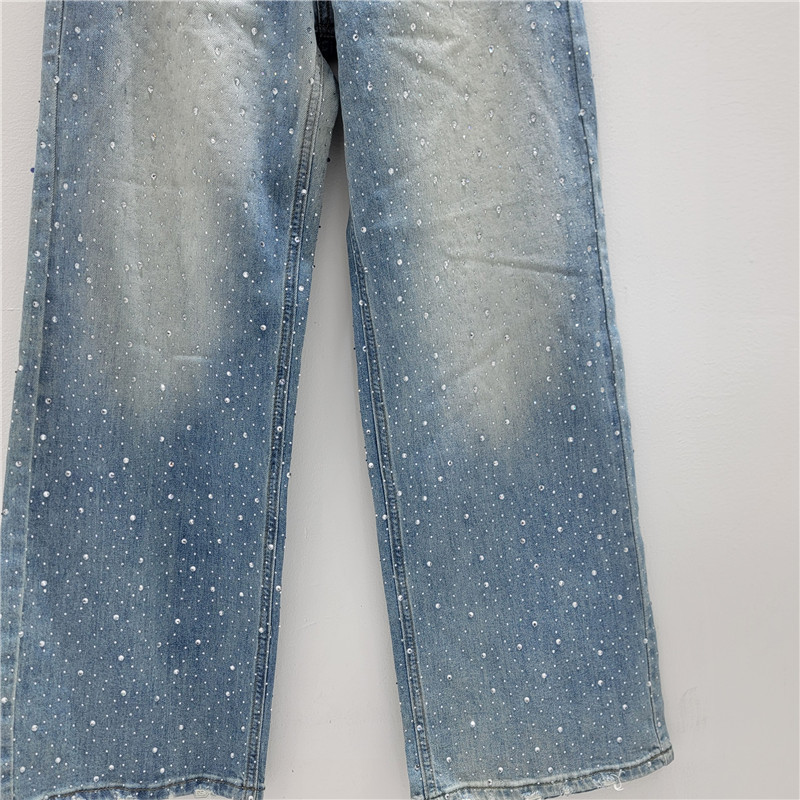 Pantalones Mezclilla Anchos con Pedrería de Mezclilla, Efecto Lavado, para Verano