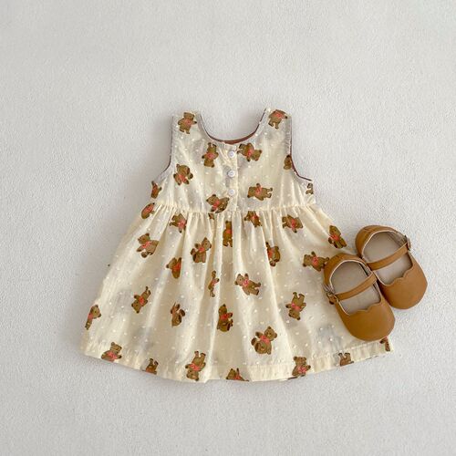ins  summer clothes for infants and young children, baby girls, cotton bear print, cut-out craft vest, small long skirt