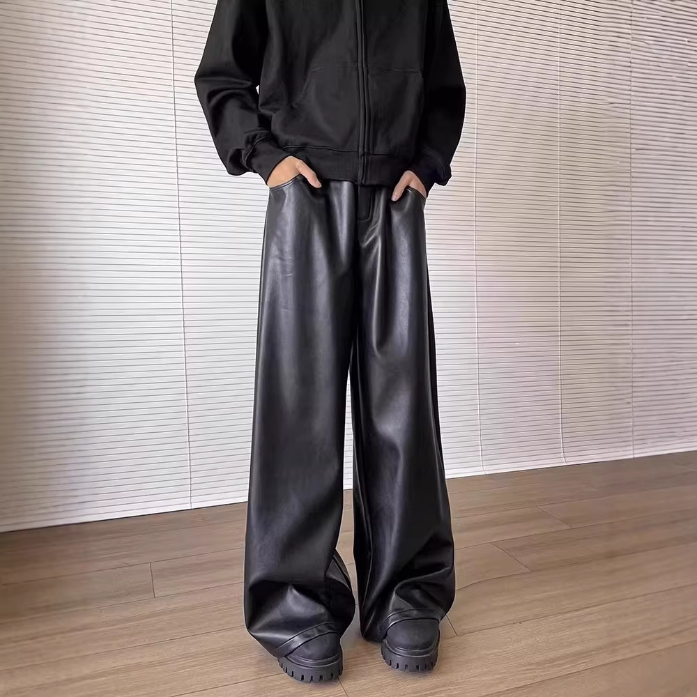 Amerikanische Herren-Motorradhose aus PU-Leder, lässig, trendig, schwarz, locker, gerades Bein, weites Bein, mittelhoher Bund, Frühling/Herbst_voghion.com