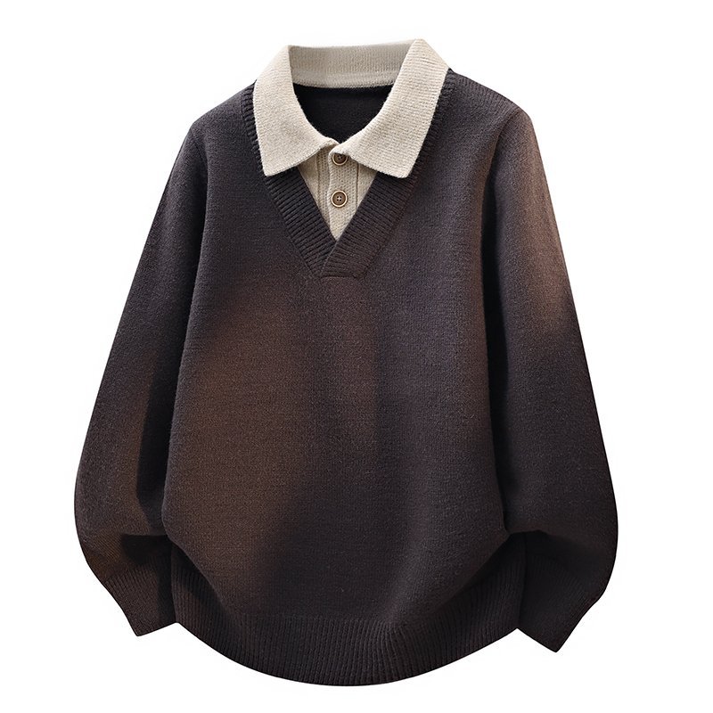 Old Money Style Men's Faux Two-Piece V-Neck Knit Polo Sweater, Winter High-End Design, Direct Shipping from Source