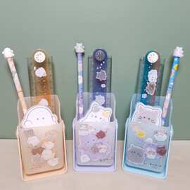 外贸幽幽家族笔筒折尺木铅笔书签便利贴套装猫咪可旋转笔筒文具批