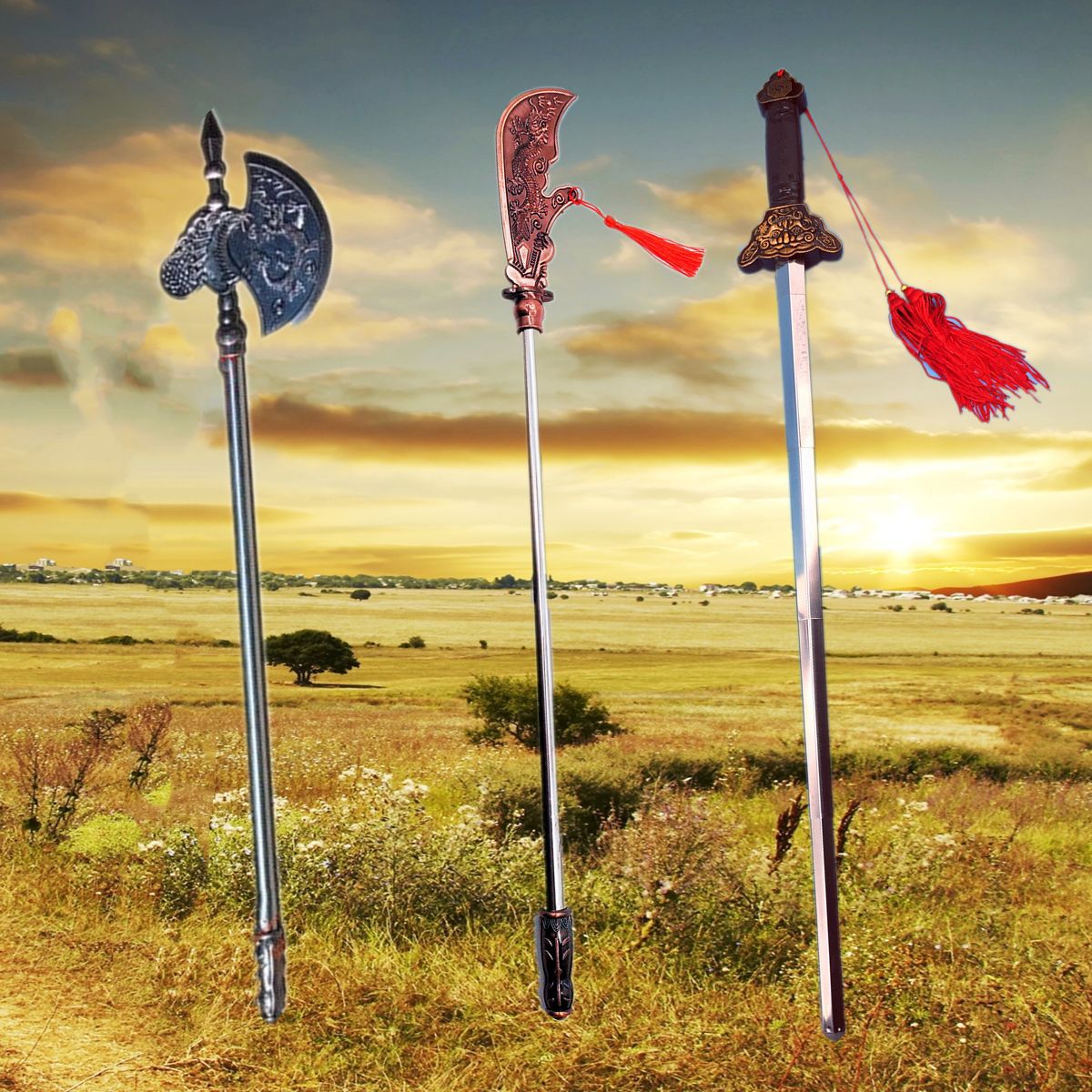 中式景区可伸缩青龙伸缩太极剑小关羽刀开山斧摆件景点工艺品