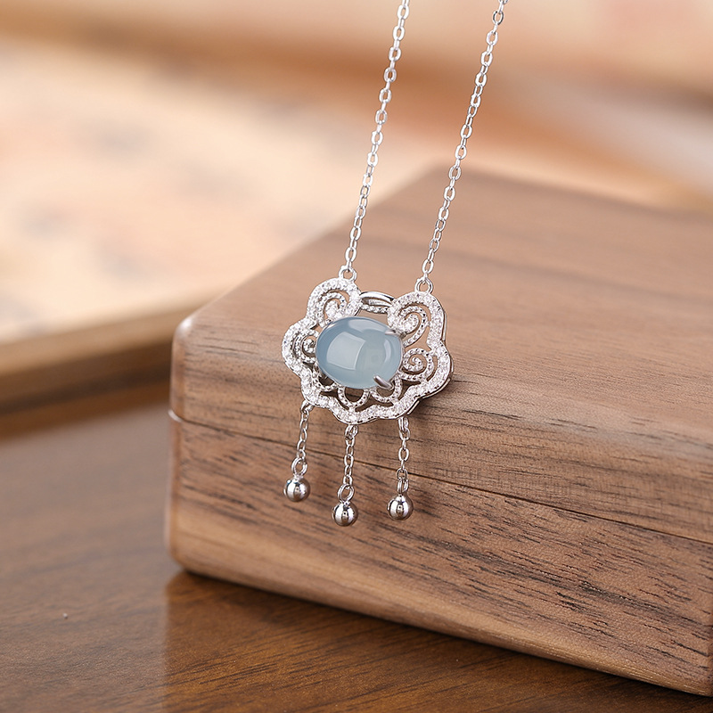 Mặt dây chuyền bạc S925 hình Ruyi rỗng đính đá ngọc lam và zircon tua rua — Bộ xích (bao gồm cả xích)