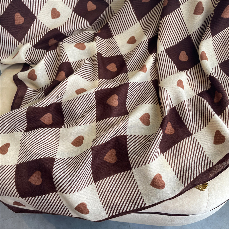 180g Weight Scarf Classification Street Occasion cotton and linen Material Lattice, Heart Shape Pattern Spring, Autumn Season Women's Gender IG Style Style Women's Ig Style Lattice Heart Shape Cotton And Linen Scarf 3