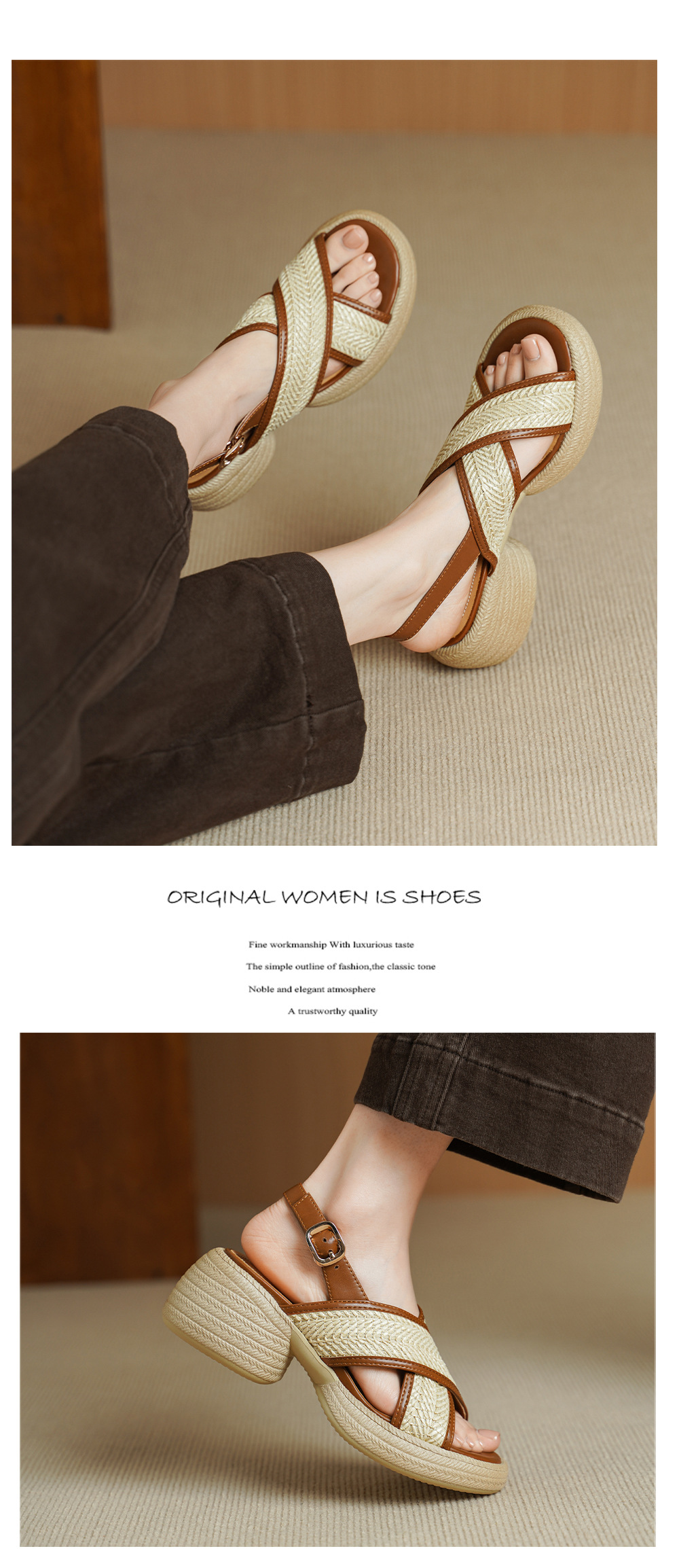 Sandal nữ cao gót mũi hở quai chéo khóa một chữ, đế dày gót thô — Màu nâu nhạt chi tiết 9
