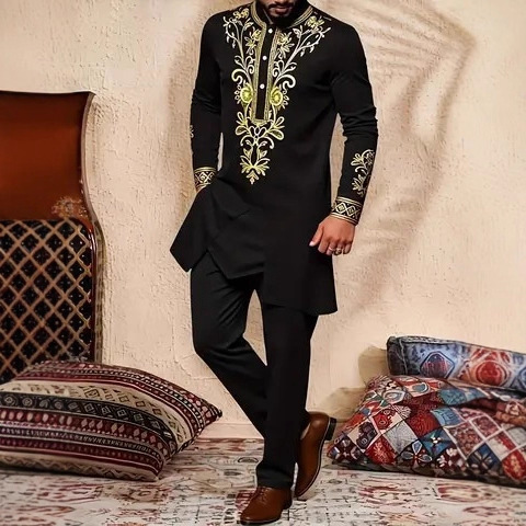 Traje de boda tradicional africano para hombre, conjunto de 2 piezas, cuello redondo, manga larga, top y pantalones, comercio exterior