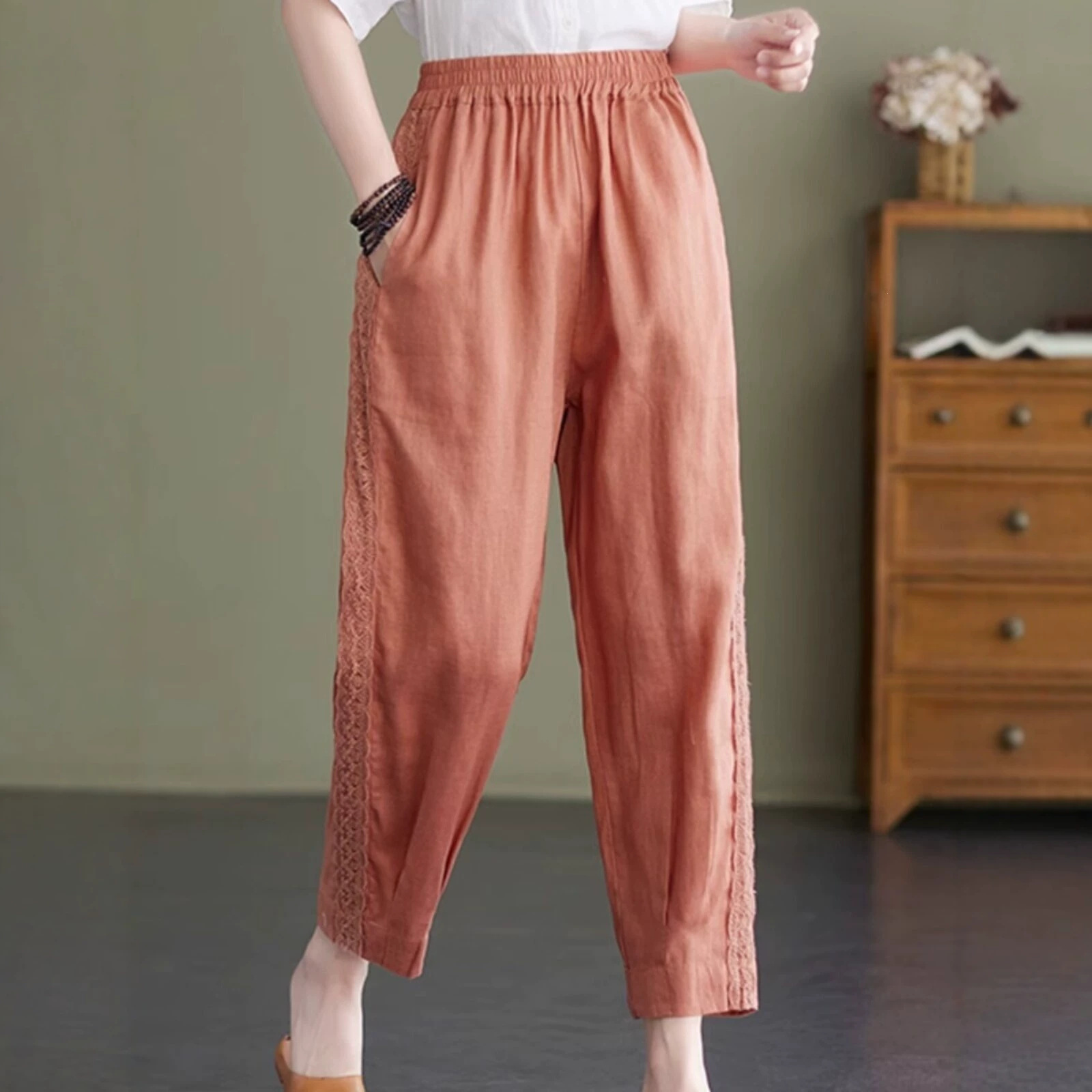 Cotton and linen blend, purple floral print, women's summer thin linen cropped pants, mom-style carrot pants, new plus-size women's pants