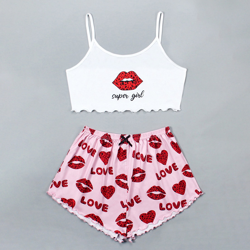 Pajamas Lingerie Type Cotton Blend, Polyester Fabric Type Short Top Length Home Women's Cartoon Style Lips Panda Watermelon Cotton Blend Polyester Shorts Co-ord Set Pajama Sets
