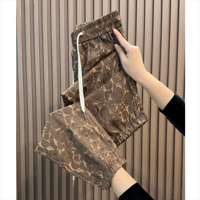 涼しいパンツ、アイスシルクパンツ、女性用夏用薄手花柄パンツ、女性用ゆったりカジュアルパンツ、9点レギンス、ハーレムパンツ、ブルマ|undefined