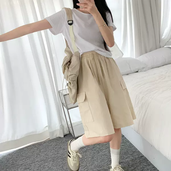 工装短裤女夏薄款高腰小个子休闲宽松显瘦速干中裤a字阔腿五分裤