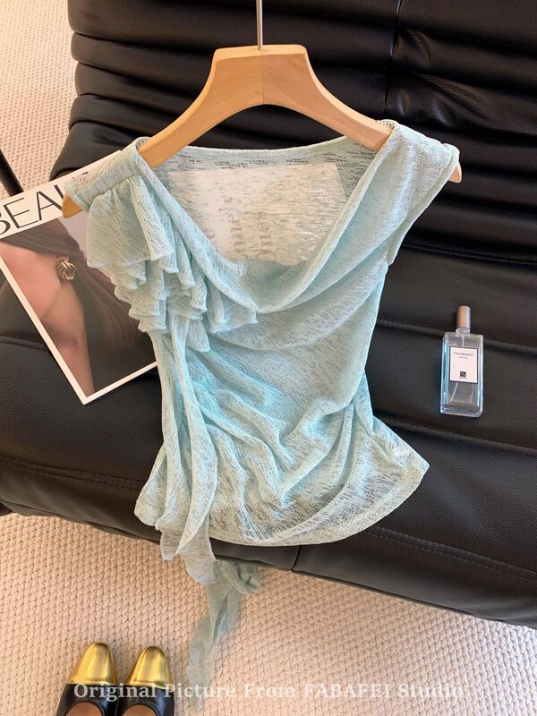 2025 Popular Mint Green Ribbon Lace Shirt Sleeveless T-Shirt Women's Summer Pinch Waist Design Top 2025 Popular Mint Green Ribbon Lace Shirt Sleeveless T-Shirt Women's Summer Pinch Waist Design Top