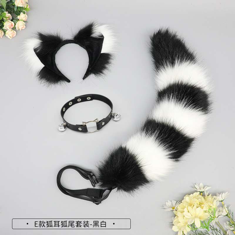 E traje de campana de cuello de cola de zorro con orejas de zorro-blanco y negro_2
