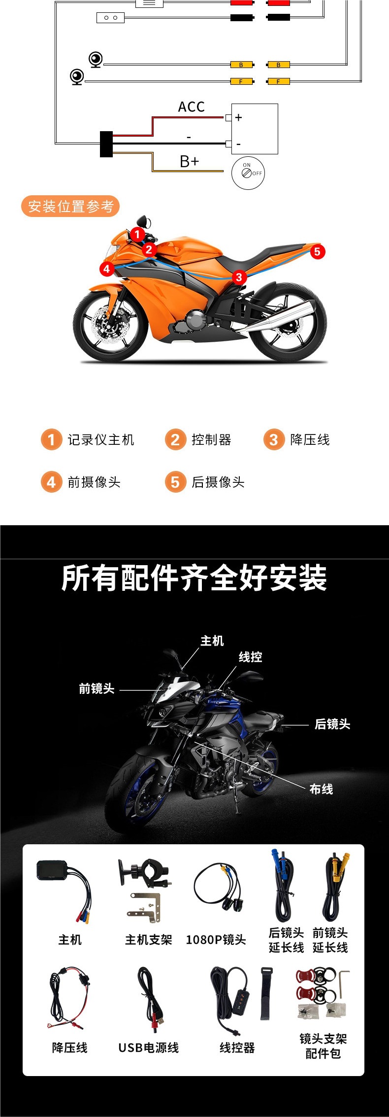 Digital Pigeon Motorcycle Dashcam 1080P HD Dual-Lens Waterproof Motorcycle Recorder with Parking Monitoring