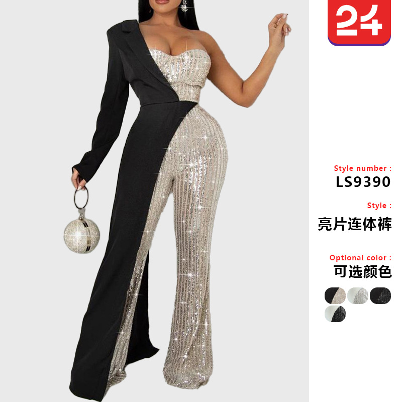 2024 new European and American cross-border e-commerce independent station women's clothing silver stitching sequin one-shoulder fashion sequin jumpsuit