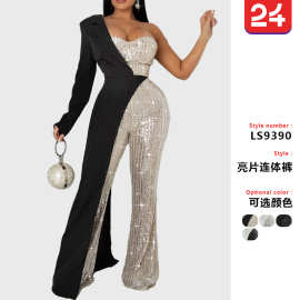2024新款欧美跨境电商独立站女装银色拼接亮片单肩时尚亮片连体裤