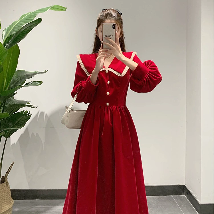 Красное элегантное платье в стиле Хепберн с длинными рукавами, Новая высококачественная утягивающая кукольная юбка А-силуэта с воротником для куклы, весна-осень