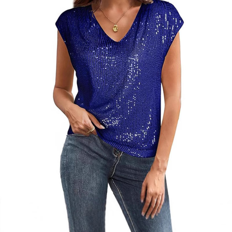 Amazon 2026 European and American Foreign Trade Cross-Border Independent Site V-Neck Sequined Short-Sleeve Women's Shiny Tank Top Party Shirt