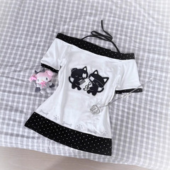 日本の甘いホットガールワンショルダーホルターネック半袖Tシャツレディース夏ショートスリムフィット猫プリントスプライシングトップイン