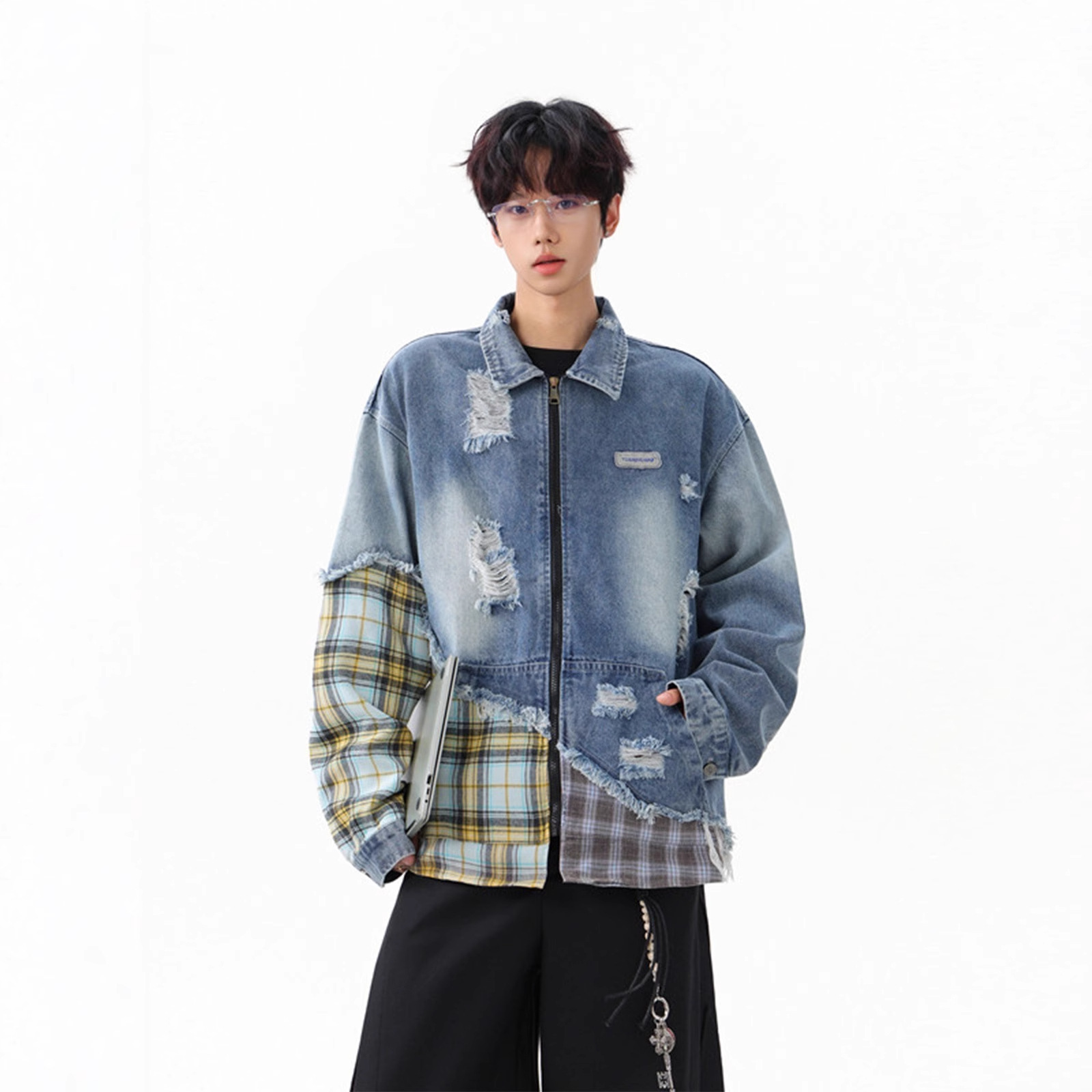 美式格子拼接牛仔外套男新款复古设计休闲夹克潮牌破洞高街牛仔衣