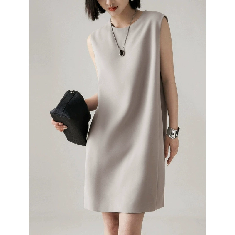 Летний жилет с круглым вырезом, новый стиль, ацетатный свободный облегающий простой костюм без рукавов, маленькое черное платье во французском стиле