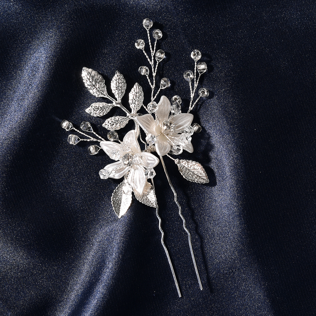 Leaf Pattern Women'S Gender Bridal Headwear White Flower Leaf Shape Transparent Crystal U-shaped Hairpin