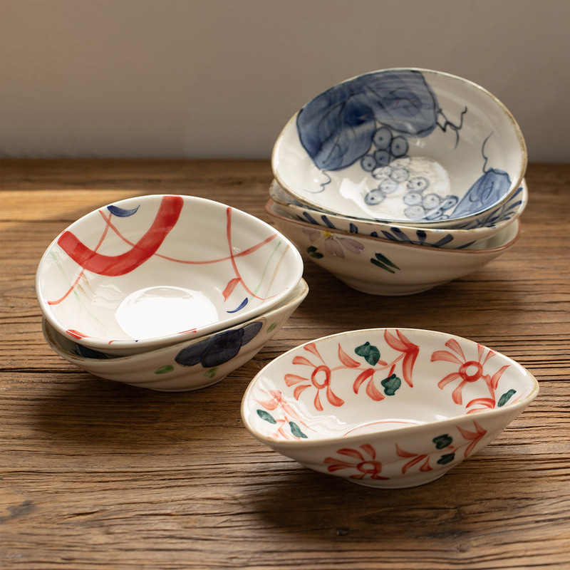 Japanese-Style Hand-Painted Ceramic Oval 6inch Bowl Tea Snack Plate for Home Use, Underglaze Color Cold Dish Plate, Ingot-Shaped Bowl, Snack Bowl, Bone Plate