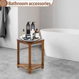 家用竹木浴室凳子双层沥水杂物肥皂架实木防滑洗澡换鞋凳脚踏凳子