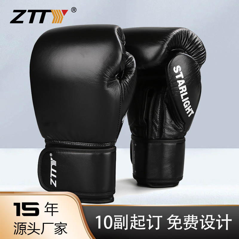 ZTTY guantes de boxeo de cuero genuino al por mayor de boxeo adulto entrenamiento de competición profesional lucha guantes de boxeo de piel de vaca forro de látex 12oz
