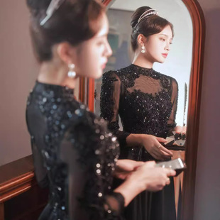 Black European and American Dress Skirt for Women 2025 New Accessible Luxury Classy Long-Sleeved Elegant Classy Host Banquet Evening Dress
