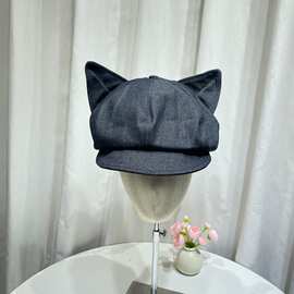 日系可爱猫耳朵牛仔贝雷帽子女春夏时尚休闲百搭鸭舌报童帽八角帽