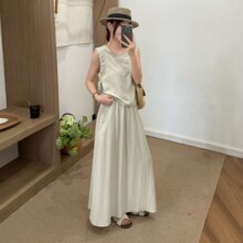 法式无袖褶皱长裙套装女夏季新款宽松垂感两件套连衣裙文艺度假风