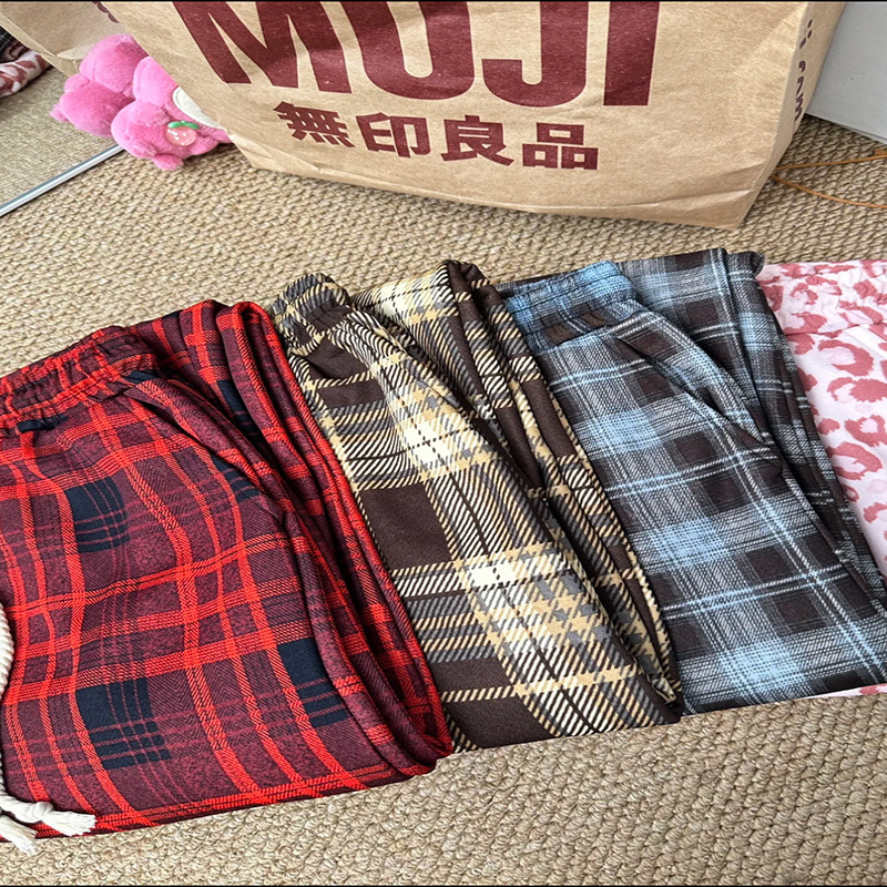 Plaid Pants with Pockets, Leopard Print Wide-Leg Pants, Drapey Autumn and Winter Fleece-Lined Thick Casual Straight Pants