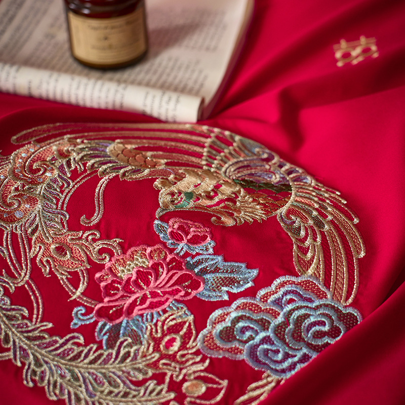 龙凤誓言｜中式婚礼婚嫁囍龙凤刺绣长绒棉四件套红色纯棉陪嫁套件|undefined