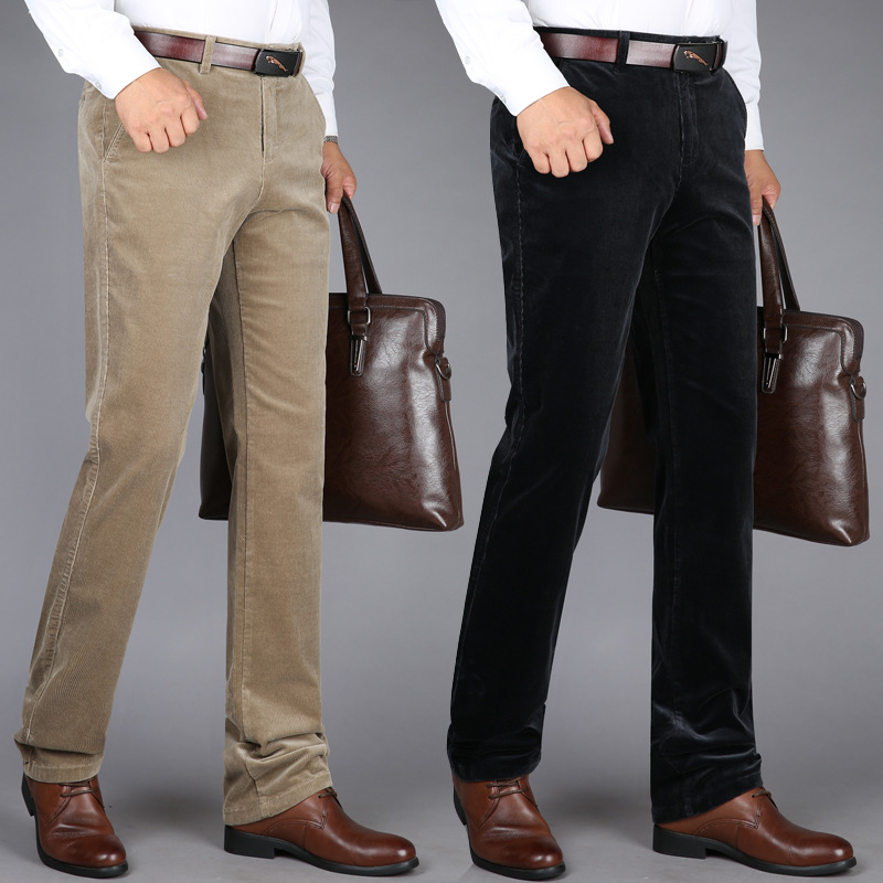 New Autumn and Winter Thick Men's Cashmere Pants Middle-aged Men's Corduroy Business Casual High Waist Elastic Loose Pants