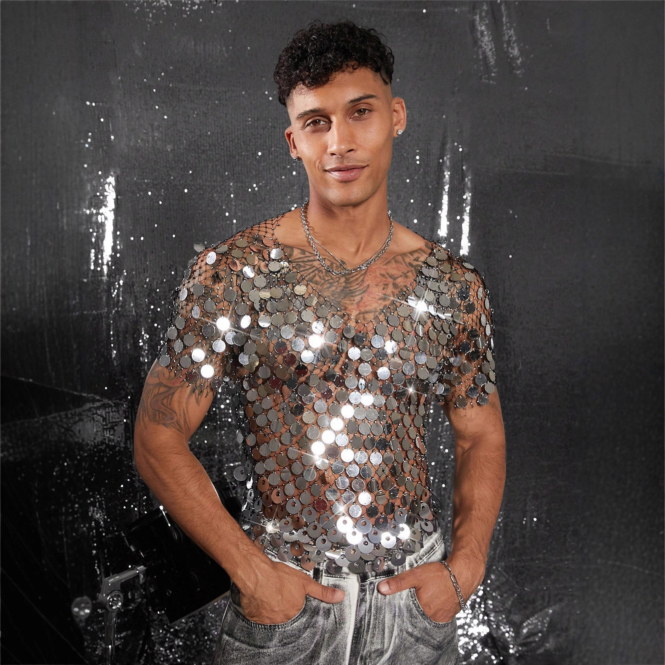 European and American Cross-Border Amazon New Diamond-Encrusted Cut Out Sequin Mesh Blouse Men's Nightclub Party Short-Sleeved T-Shirt