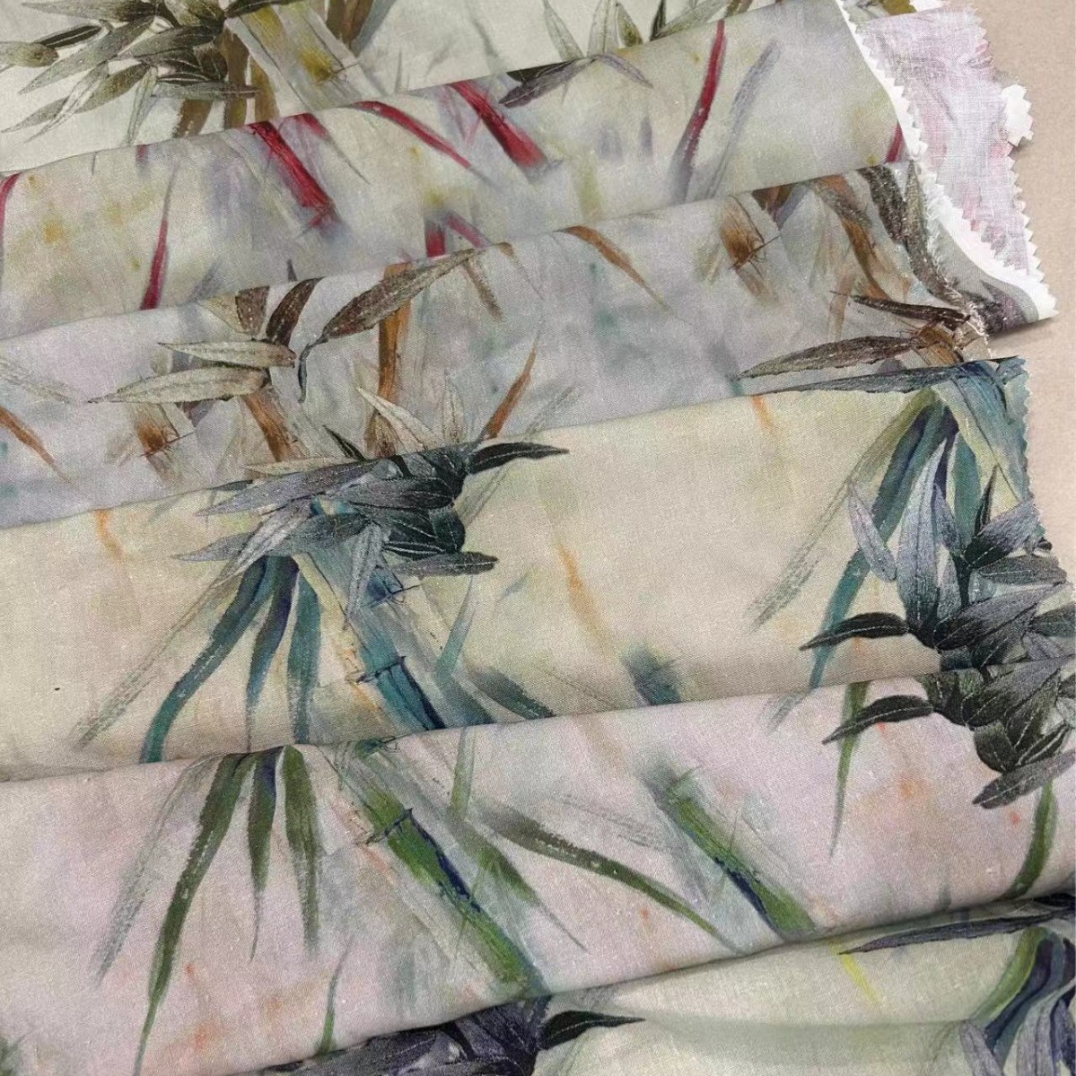 新中式竹叶印花麻棉布料复古