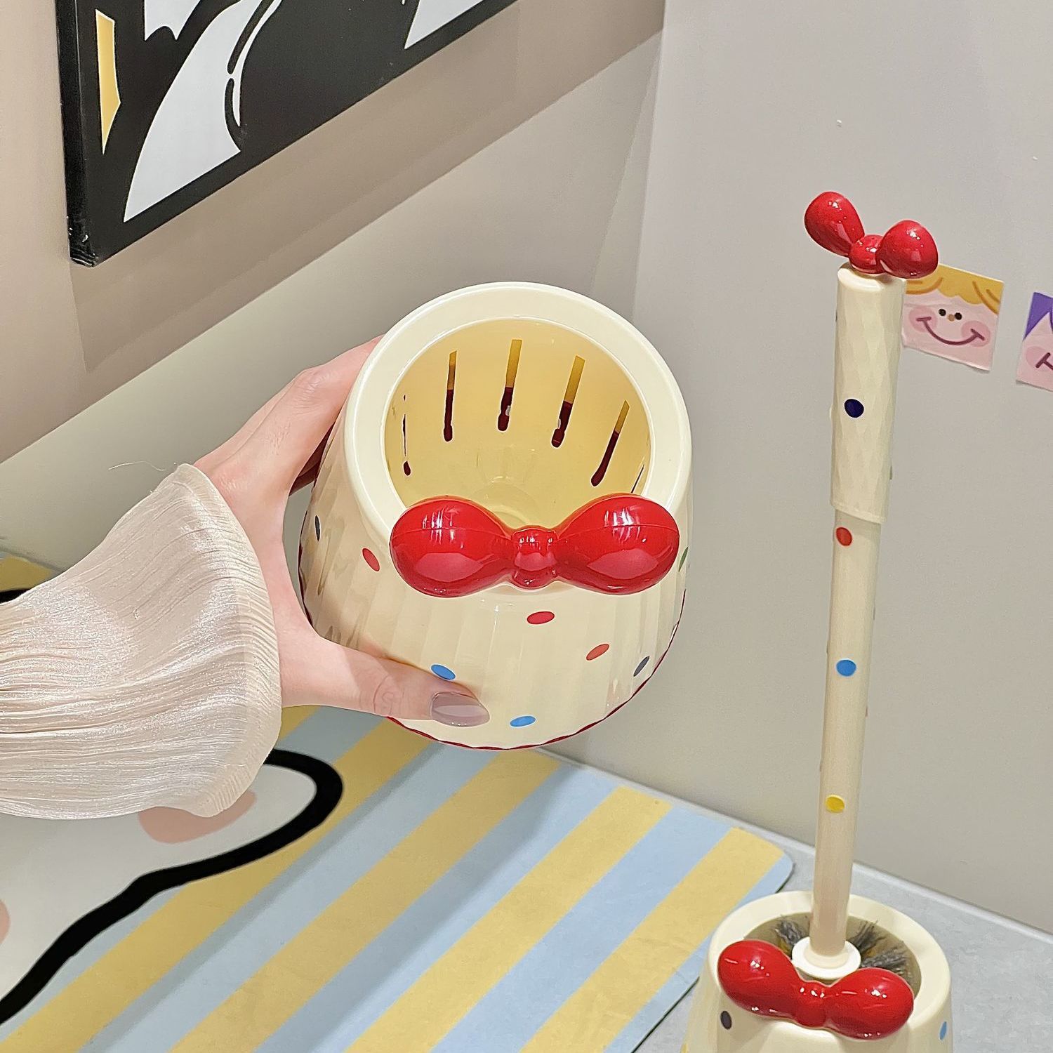 toque lindo punto de onda cepillo de inodoro doméstico mango largo con base cepillo de inodoro de esquina muerta conjunto de artefactos mágicos de limpieza de inodoro