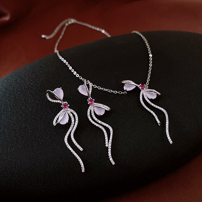 Zircon drip oil bow pendant necklace and earrings set