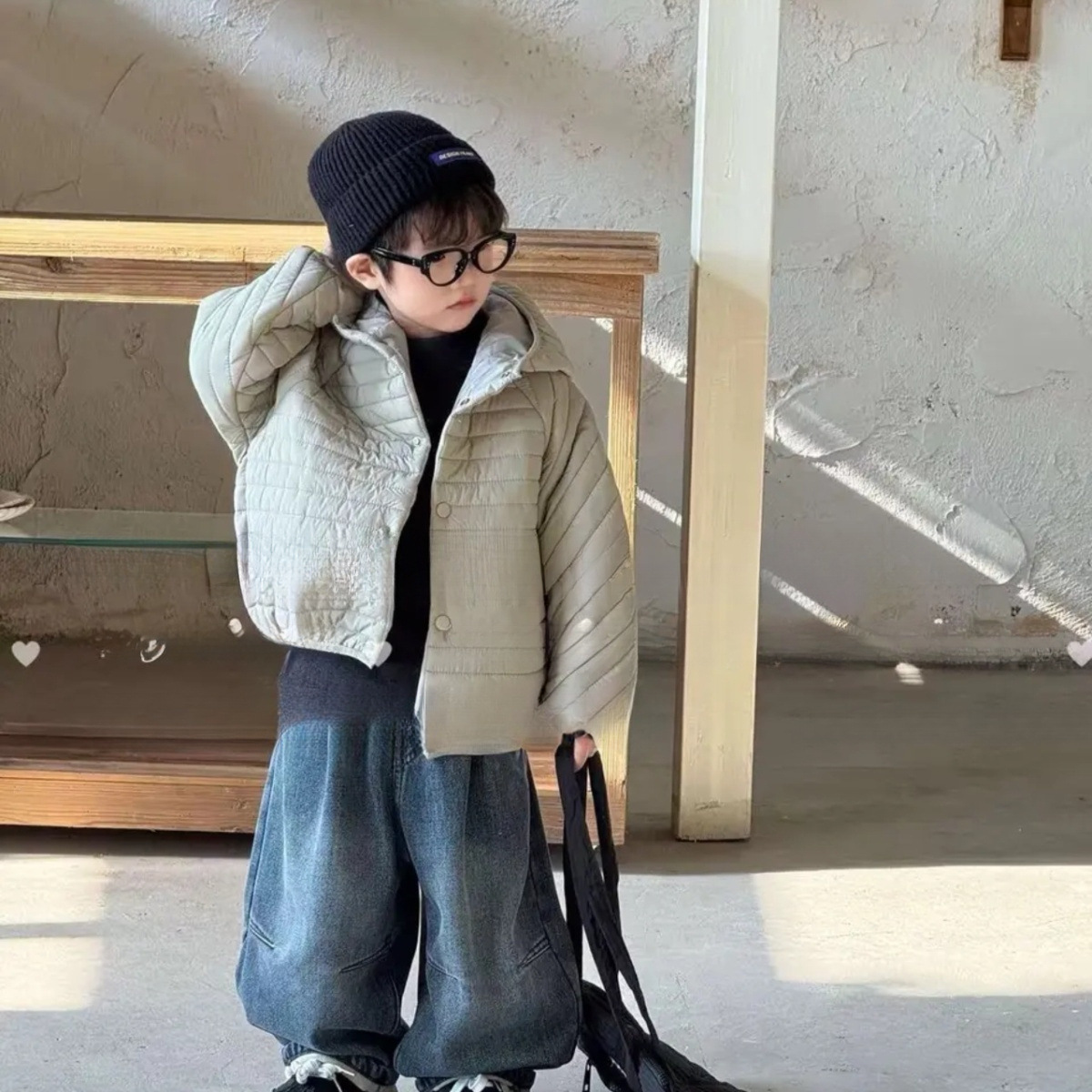 男童轻薄棉衣秋冬季洋气宝宝男孩深秋棉服儿童一体绒牛仔裤两件套