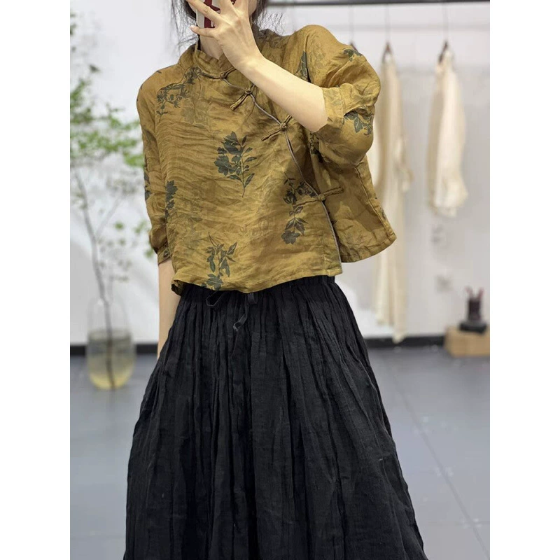 Летняя ретро-рубашка с косым планкой, пуговицами, принтом, свободного кроя, утягивающая, с воротником-стойкой и рукавом три четверти, кардиган для женщин