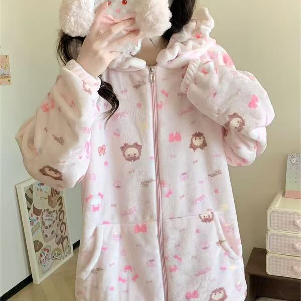 Girl's princess-style rabbit and bear pink pajamas, a warm and thick two-piece set for autumn and winter, perfect for casual wear at home Girl's princess-style rabbit and bear pink pajamas, a warm and thick two-piece set for autumn and winter, perfect for casual wear at home