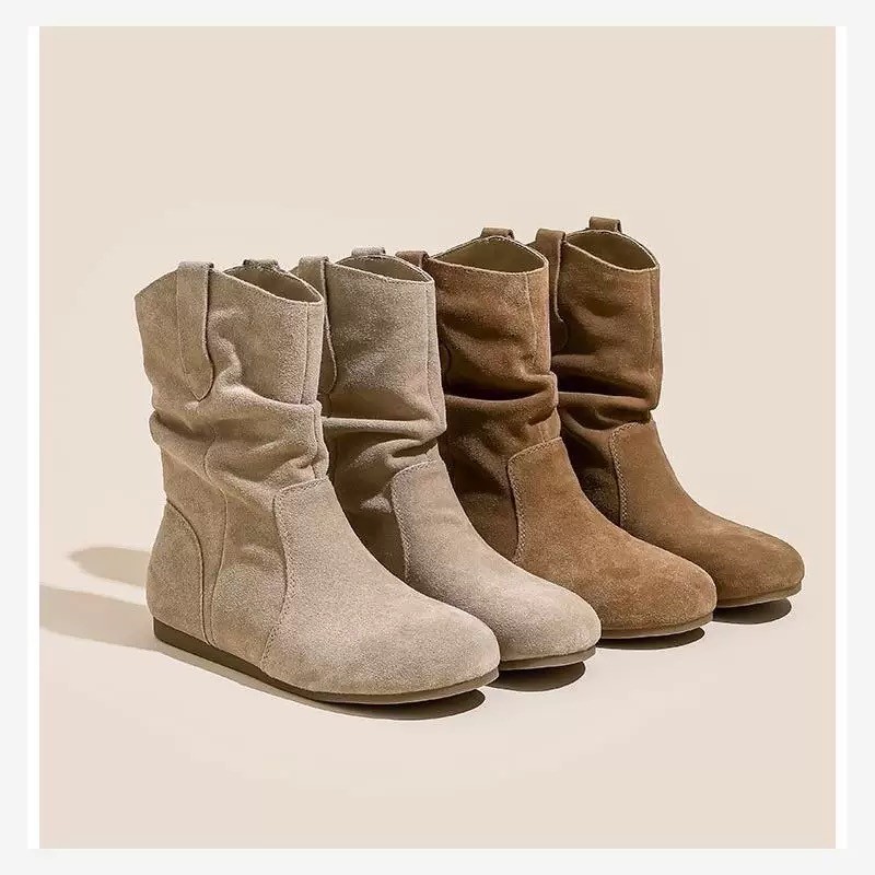 4cm~ Height-Increasing Round-Toe Slouchy Short Boots for Women, 2025 New Model, Suede Leather Slip-On Mid-Calf Boots, Retro Style, in Stock
